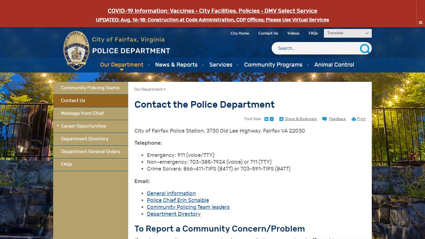 Contact the Police Department | City of Fairfax, VA